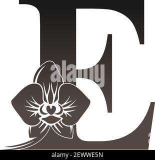 Buchstabe E Logo Symbol mit schwarzer Orchidee Design Vektor Illustration Stock Vektor