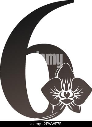 Nummer 6 Logo-Symbol mit schwarzer Orchidee Design Vektor Illustration Stock Vektor