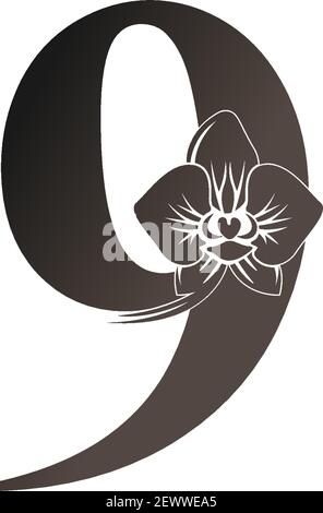 Nummer 9 Logo-Symbol mit schwarzer Orchidee Design Vektor Illustration Stock Vektor