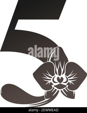 Nummer 5 Logo-Symbol mit schwarzer Orchidee Design Vektor Illustration Stock Vektor