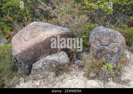 Geheimnisvolle Skulptur auf dem Pfad Páramo de Ocetá, Monguí, Kolumbien Stockfoto