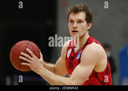 Ilshofen, Deutschland. März 2021, 03rd. Basketball: Bundesliga, Hauptrunde, Matchday 20. Hakro Merlins Crailsheim - s.Oliver Würzburg in der Hohenlohe Arena. Würzburgs Florian Koch. Quelle: Marijan Murat/dpa/Alamy Live News Stockfoto