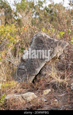 Geheimnisvolle Skulptur auf dem Pfad Páramo de Ocetá, Monguí, Kolumbien Stockfoto