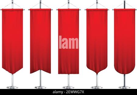 Signal rot lange Sport Werbung Wimpel Banner Muster auf Stange Standhalter Sockel realistische Set Vektor-Illustration Stock Vektor