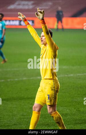 Bristol, Großbritannien. März 2021, 03rd. Bournemouth Torwart Asmir Begović in Aktion .EFL Skybet Championship match, Bristol City gegen AFC Bournemouth im Ashton Gate Stadium in Bristol, Avon am Mittwoch 3rd März 2021. Dieses Bild darf nur für redaktionelle Zwecke verwendet werden. Nur redaktionelle Verwendung, Lizenz für kommerzielle Nutzung erforderlich. Keine Verwendung in Wetten, Spiele oder ein einzelner Club / Liga / Spieler Publikationen. PIC von Lewis Mitchell / Andrew Orchard Sport Fotografie / Alamy Live News Kredit: Andrew Orchard Sport Fotografie / Alamy Live News Stockfoto