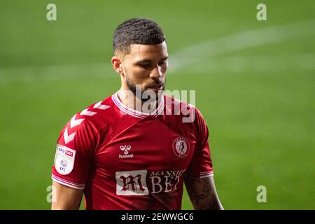 Bristol, Großbritannien. März 2021, 03rd. Nahki Wells von Bristol City schaut auf. EFL Skybet Championship match, Bristol City gegen AFC Bournemouth im Ashton Gate Stadium in Bristol, Avon am Mittwoch, 3rd. März 2021. Dieses Bild darf nur für redaktionelle Zwecke verwendet werden. Nur redaktionelle Verwendung, Lizenz für kommerzielle Nutzung erforderlich. Keine Verwendung in Wetten, Spiele oder ein einzelner Club / Liga / Spieler Publikationen. PIC von Lewis Mitchell / Andrew Orchard Sport Fotografie / Alamy Live News Kredit: Andrew Orchard Sport Fotografie / Alamy Live News Stockfoto