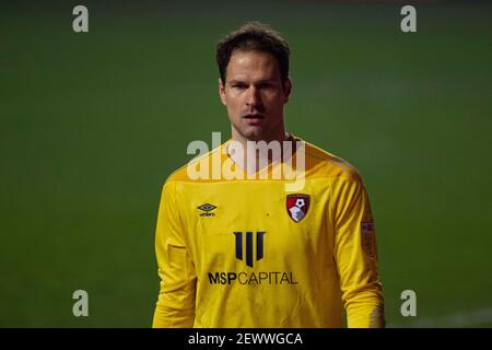 Bristol, Großbritannien. März 2021, 03rd. Bournemouth-Torhüter Asmir Begović schaut zu. EFL Skybet Championship match, Bristol City gegen AFC Bournemouth im Ashton Gate Stadium in Bristol, Avon am Mittwoch, 3rd. März 2021. Dieses Bild darf nur für redaktionelle Zwecke verwendet werden. Nur redaktionelle Verwendung, Lizenz für kommerzielle Nutzung erforderlich. Keine Verwendung in Wetten, Spiele oder ein einzelner Club / Liga / Spieler Publikationen. PIC von Lewis Mitchell / Andrew Orchard Sport Fotografie / Alamy Live News Kredit: Andrew Orchard Sport Fotografie / Alamy Live News Stockfoto