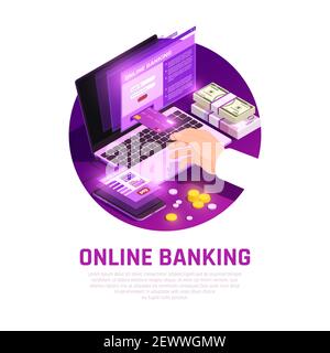 Online-Banking-App mit User-Interface-Elementen für Laptop und Smartphone isometrische runde Komposition Vektor-Illustration Stock Vektor