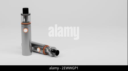 Elektronische Zigarren silber mit orangen Details auf weißem Hintergrund und Platz für Text. Vaper Concept 3d-Rendering Stockfoto