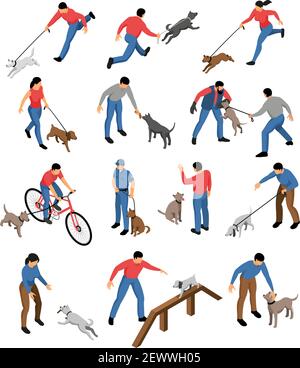 Isometrischer Zynologe Satz von isolierten Symbolen und Bildern von Hunden Und Menschen während der Ausbildung Training Routine Vektor Illustration Stock Vektor