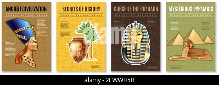 Ägypten Plakate mit Bildern von pharao Grab geheimnisvolle Pyramide gesetzt Und alte Artefakte Cartoon-Vektor-Illustration Stock Vektor