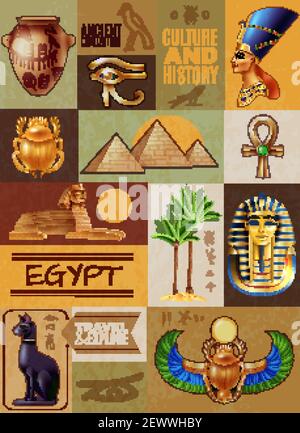 Ägypten Führer Plakat aus alten Symbolen historischen Sehenswürdigkeiten und Berühmte Personen Cartoon Vektor Illustration Stock Vektor