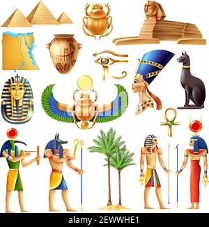 Ägypten Symbole im Cartoon-Stil mit alten ägyptischen Gottheiten Pyramide ankh tutanhamon nofertiti Auge des horus Zeichen Vektor-Illustration Stock Vektor