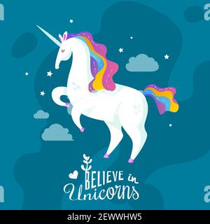 Magic Cartoon Hintergrund mit Einhorn galoppieren durch Nachthimmel und Bieten Sie an Wunder Vektordarstellung zu glauben Stock Vektor