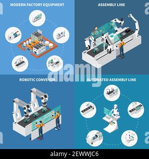 Industrieroboter Automation isometrisches 2x2-Konstruktionskonzept mit Fertigungsroboter Automatisierungseinheiten mit Symbolen und editierbarer Textvektordarstellung Stock Vektor