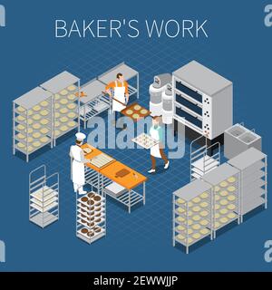 Bäckerei Brot Produktion isometrische Komposition mit editierbarem Text und Ansicht Von Industriegebäuden mit Zeichen der Arbeiter Vektor-Illustration Stock Vektor