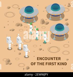 Astronaut Kosmonaut taikonaut isometrische Komposition mit editierbarem Text und Bildern Von fliegenden Maschinen und Aliens Vektor-Illustration Stock Vektor