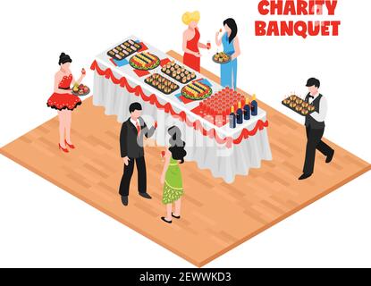 Isometrische Bankettkomposition mit menschlichen Charakteren von Gästen und Kellnern Mit Tabelle voll von verschiedenen Lebensmitteln Vektor-Illustration Stock Vektor