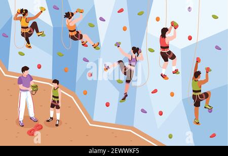 Isometrische Kletterwand Komposition mit Blick auf Trainer und Berg Kletterer klettern bis künstliche Felswand Vektor-Illustration Stock Vektor