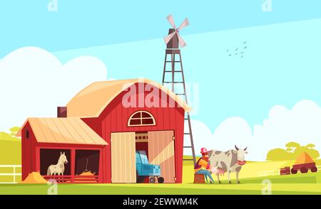 Milk Farm Zusammensetzung mit suburbaner Landschaft und Bauernhöfe mit Menschlicher Charakter des Landwirts Melkkuh Vektor-Illustration Stock Vektor