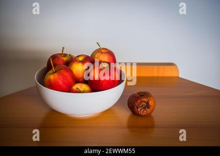 Ein fauler Apfel, der aus einer weißen Schale voller gefallen ist Gute Äpfel standen auf einem modernen Holztisch Stockfoto