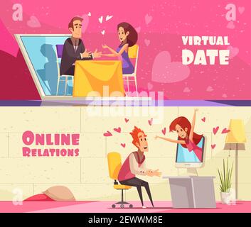 Set von zwei flachen virtuellen und echten Liebe horizontale Banner Mit Text und Doodle menschliche Zeichen Vektor-Illustration Stock Vektor