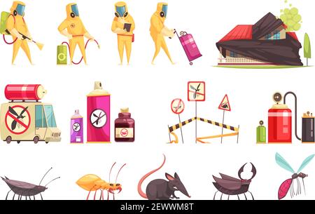 Desinfektion Schädlingsbekämpfung Set von flachen isolierten Bildern mit Insekten Dekontaminationsgeräte und Desinfektionsmittel Zeichen Vektordarstellung Stock Vektor