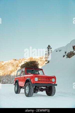 SUV mit Weihnachtsbaum auf dem Dach fährt verschneiten Berg hinunter Straße Stockfoto