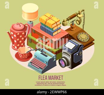 Vintage Ware vom Flohmarkt isometrische Zusammensetzung mit Schreibmaschine Kamera Telefonbücher 3D Vektorgrafik Stock Vektor