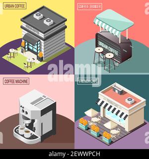 Isometrisches 2x2 Design-Konzept mit Straßencafés Anhänger und Kaffee Maschine auf buntem Hintergrund 3D isolierte Vektor-Illustration Stock Vektor