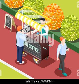 Isometrischer Hintergrund mit Street Coffee Trailer 3D Vektor-Illustration Stock Vektor