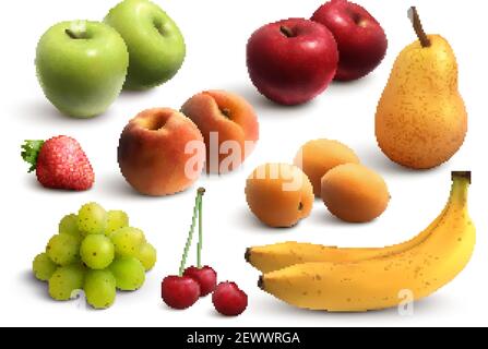 Früchte realistische Set mit grünen und roten Äpfeln Bananen Birnen Trauben Pfirsich Aprikose isoliert Vektor-Illustration Stock Vektor