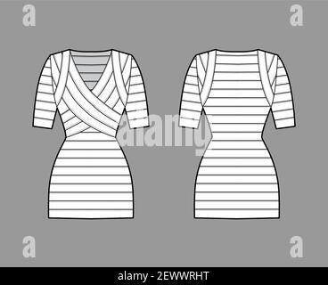 Verbandskleid technische Mode-Illustration mit V-Ausschnitt, kurze Ärmel, taillierter Körper, elastisch, Mini-Länge, Bleistiftschnitt. Flache Bekleidungsschablone vorne, hinten, weiße Farbgebung. Frauen, Männer CAD-Modell Stock Vektor