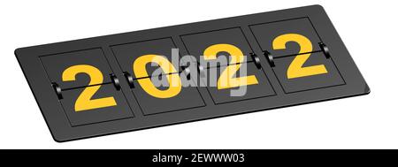 Flipboard mit gelbem Jahr 2022, 3D Rendering Stockfoto
