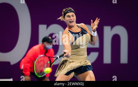 Aryna Sabalenka aus Weißrussland während der 2021 Qatar Total Open, WTA 500 Tennisturnier am 3. März 2021 im Khalifa International Tennis and Squash Complex in Doha, Katar - Foto Rob Prange / Spanien DPPI / DPPI / LiveMedia Stockfoto