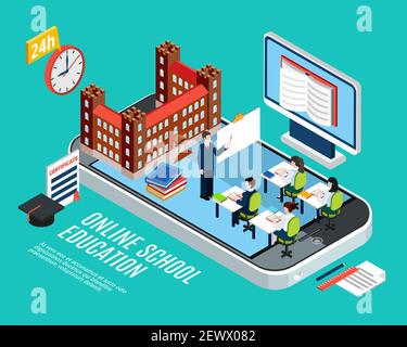 Online Schulbildung isometrisches Konzept mit Schülern am Unterricht Computer Und Smartphone auf blauem Hintergrund 3D Vektor-Illustration Stock Vektor