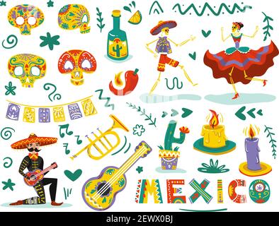 Mexikanische Tag tot Symbole Attribute bunt Set mit tanzenden Skelette Zucker Schädel Masken weißen Hintergrund Vektor Illustration Vektor Illustration Stock Vektor