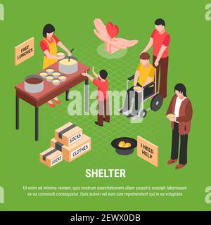 Shelter isometrisches Poster mit bettelenden Obdachlosen Mannboxen mit Kleidung Und Personen, die sich um Menschen mit Behinderungen kümmern Stock Vektor