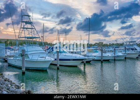 Am späten Nachmittag Blick auf die Boote angedockt an der Black Point Park Marina in Miami, Florida. Stockfoto