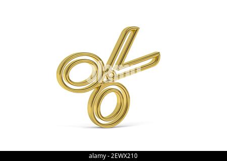 Goldenes 3D Scheren Symbol isoliert auf weißem Hintergrund - 3D Rendern Stockfoto