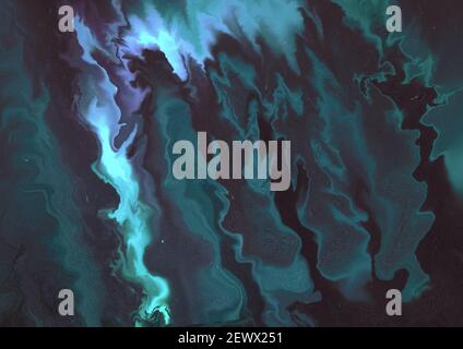 Eine Illustration eines abstrakten Hintergrunds aus gemischtem Dunkelgrün Und blaue ölige Farben Stockfoto