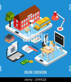 Online-Bildung isometrisches Konzept mit Schülern mit elektronischen Geräten für Studieren zu Hause 3D Vektor-Illustration Stock Vektor
