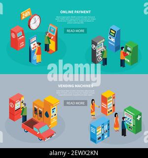 Isometrischer Satz von zwei horizontalen Bannern mit Personen, die online sind Zahlungsterminals und verschiedene Automaten 3D isolierte Vektordarstellung Stock Vektor