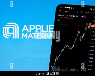 Ukraine. März 2021, 3rd. In dieser Abbildung werden die Börseninformationen von Applied Materials, Inc. Auf einem Smartphone mit dem Logo von Applied Materials Inc im Hintergrund dargestellt. Kredit: Igor Golovniov/SOPA Images/ZUMA Wire/Alamy Live Nachrichten Stockfoto