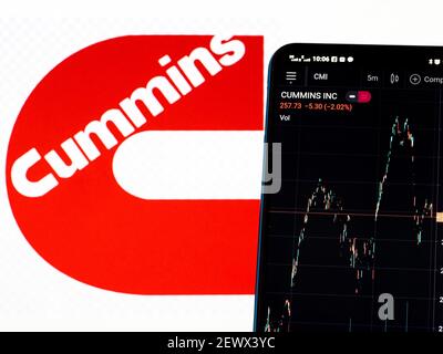 Ukraine. März 2021, 3rd. In dieser Abbildung werden die Börseninformationen von Cummins Inc auf einem Smartphone mit einem Logo von Cummins Inc im Hintergrund angezeigt. Kredit: Igor Golovniov/SOPA Images/ZUMA Wire/Alamy Live Nachrichten Stockfoto