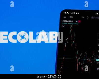 Ukraine. März 2021, 3rd. In dieser Abbildung sind die Börseninformationen von Ecolab Inc auf einem Smartphone mit einem Logo von Ecolab Inc im Hintergrund dargestellt. Kredit: Igor Golovniov/SOPA Images/ZUMA Wire/Alamy Live Nachrichten Stockfoto