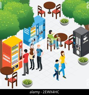 Isometrische Zusammensetzung mit Outdoor-Café und Menschen kaufen Kaffee und Snacks in Automaten 3D Vektor-Illustration Stock Vektor