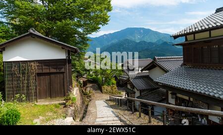 Alte japanische Straße, Nakasendo Station Stadt, Magome-jyuku. Magome ist eine alte Poststadt im Kiso Tal. Während der Edo-Periode. Stockfoto