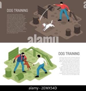 Cynologist Dog Training 2 isometrische horizontale Banner mit Park Spielplatz Spezifische Aufgaben Lernaktivitäten ddescription Vektor Illustration Stock Vektor