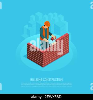 Isometrischer Baumeister Architekt mit editierbarem Text menschlichen Charakter des Arbeiters Und Bild von Mauerwerk unter Konstruktion Vektor-Illustration Stock Vektor